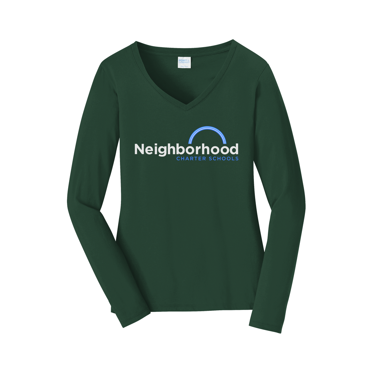 ncschools-womens-long-sleeve-v-neck-dtf-front-LPC450VLS-forestgreen-flat-front