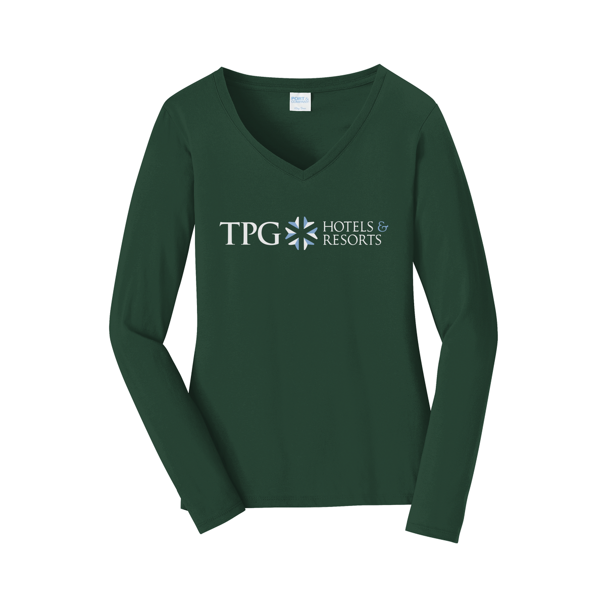 tpghotelsandresorts-womens-long-sleeve-v-neck-dtf-front-LPC450VLS-forestgreen-flat-front