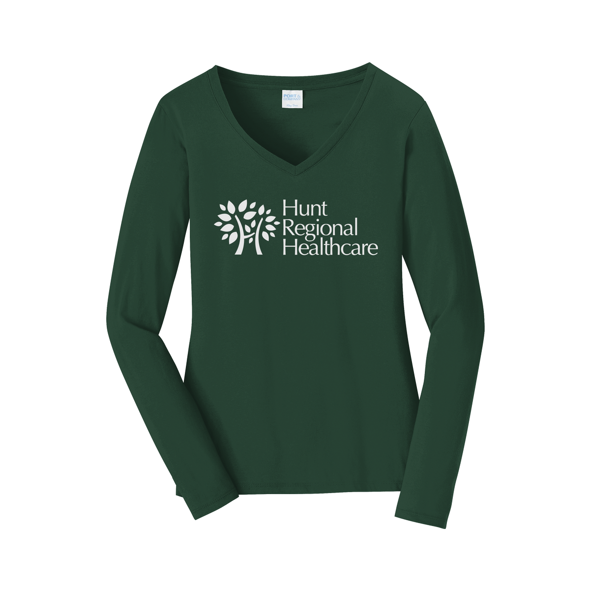 huntregional-womens-long-sleeve-v-neck-dtf-front-LPC450VLS-forestgreen-flat-front