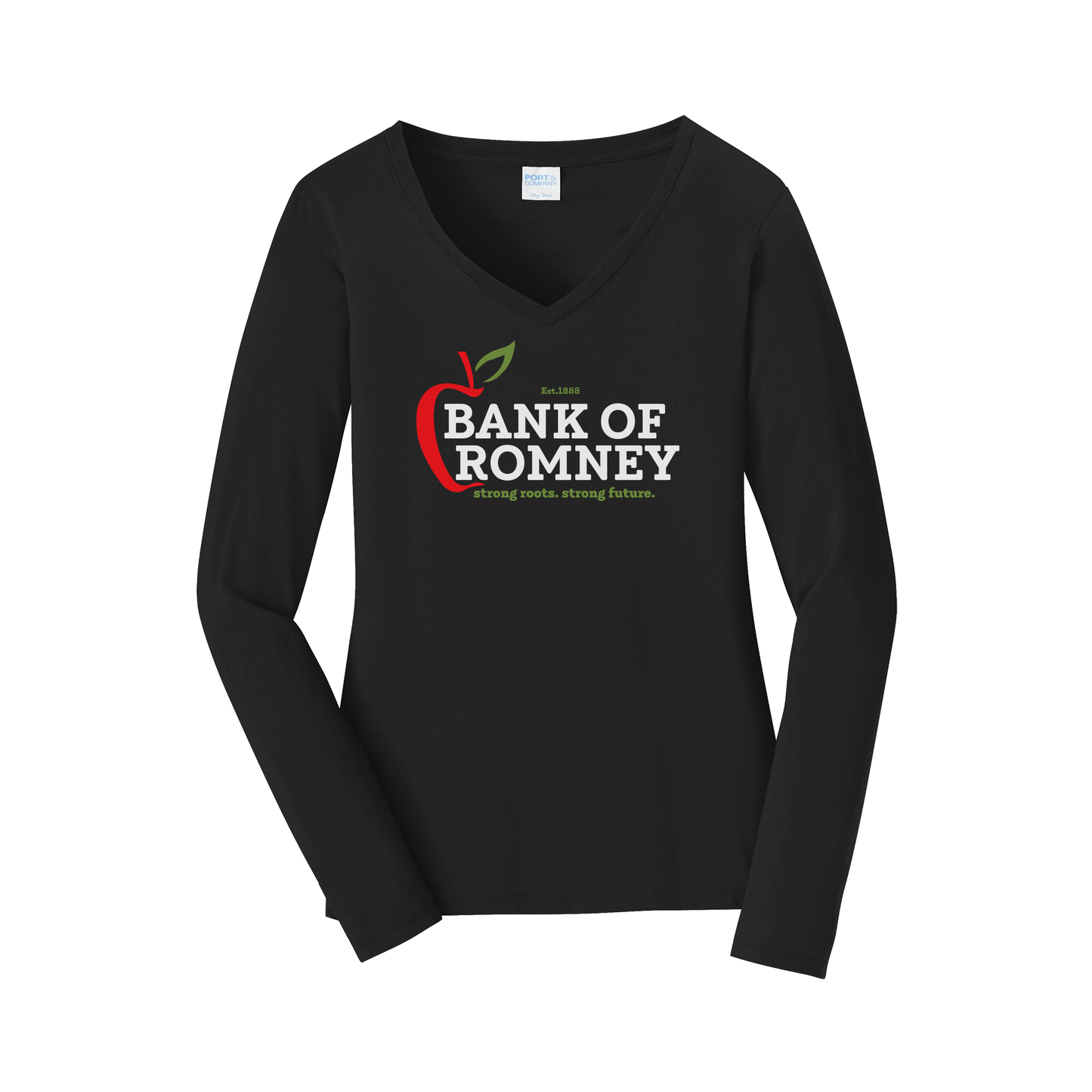 bankofromney-womens-long-sleeve-v-neck-dtf-front-LPC450VLS-jetblack-flat-front