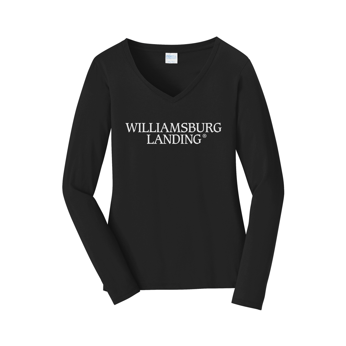 williamsburglanding-womens-long-sleeve-v-neck-dtf-front-LPC450VLS-jetblack-flat-front