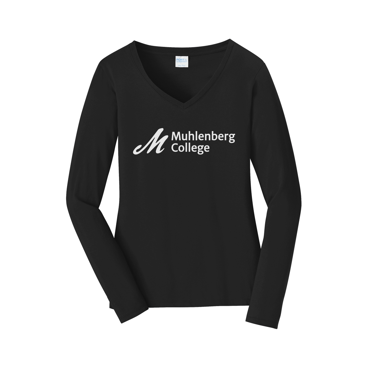 muhlenberg-womens-long-sleeve-v-neck-dtf-front-LPC450VLS-jetblack-flat-front