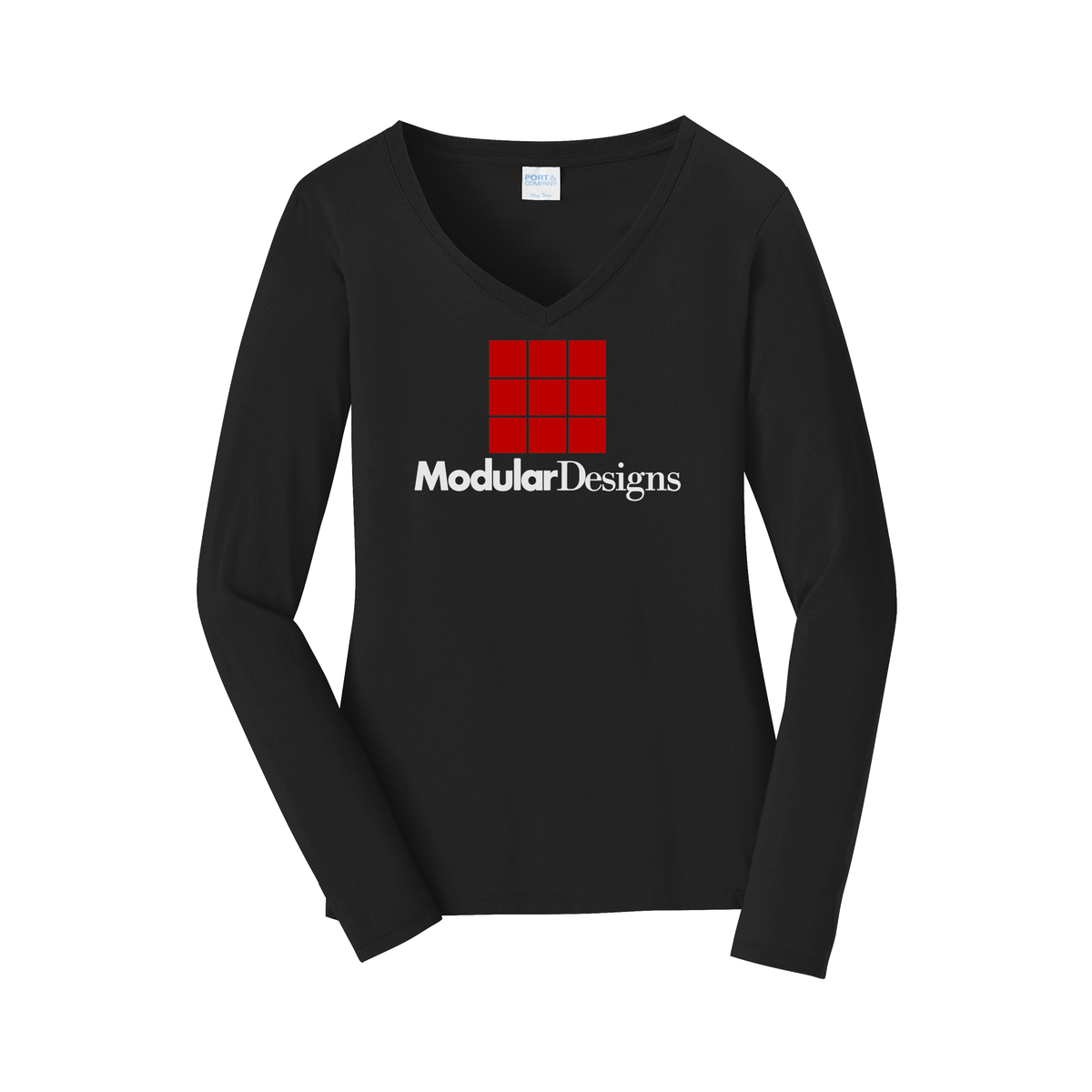 modulardesignsflooring-womens-long-sleeve-v-neck-dtf-front-LPC450VLS-jetblack-flat-front