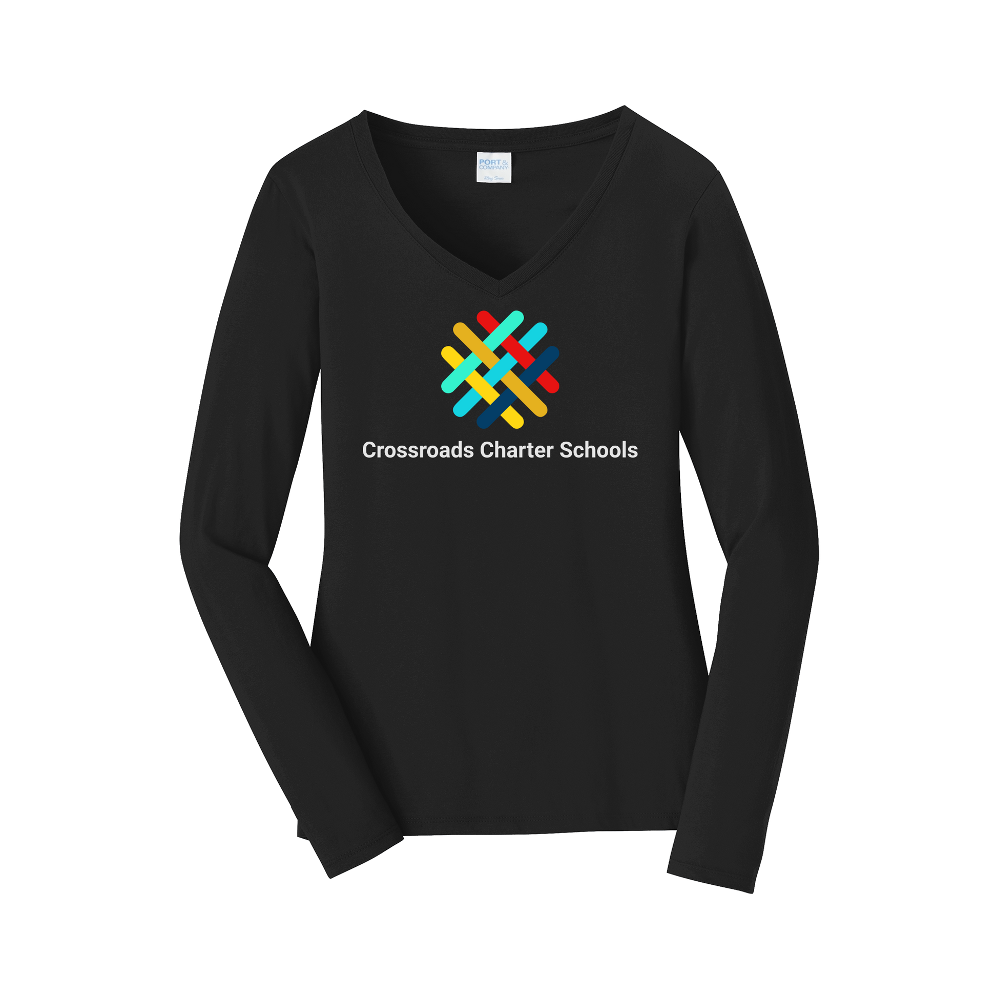 crossroadsschoolskc-womens-long-sleeve-v-neck-dtf-front-LPC450VLS-jetblack-flat-front