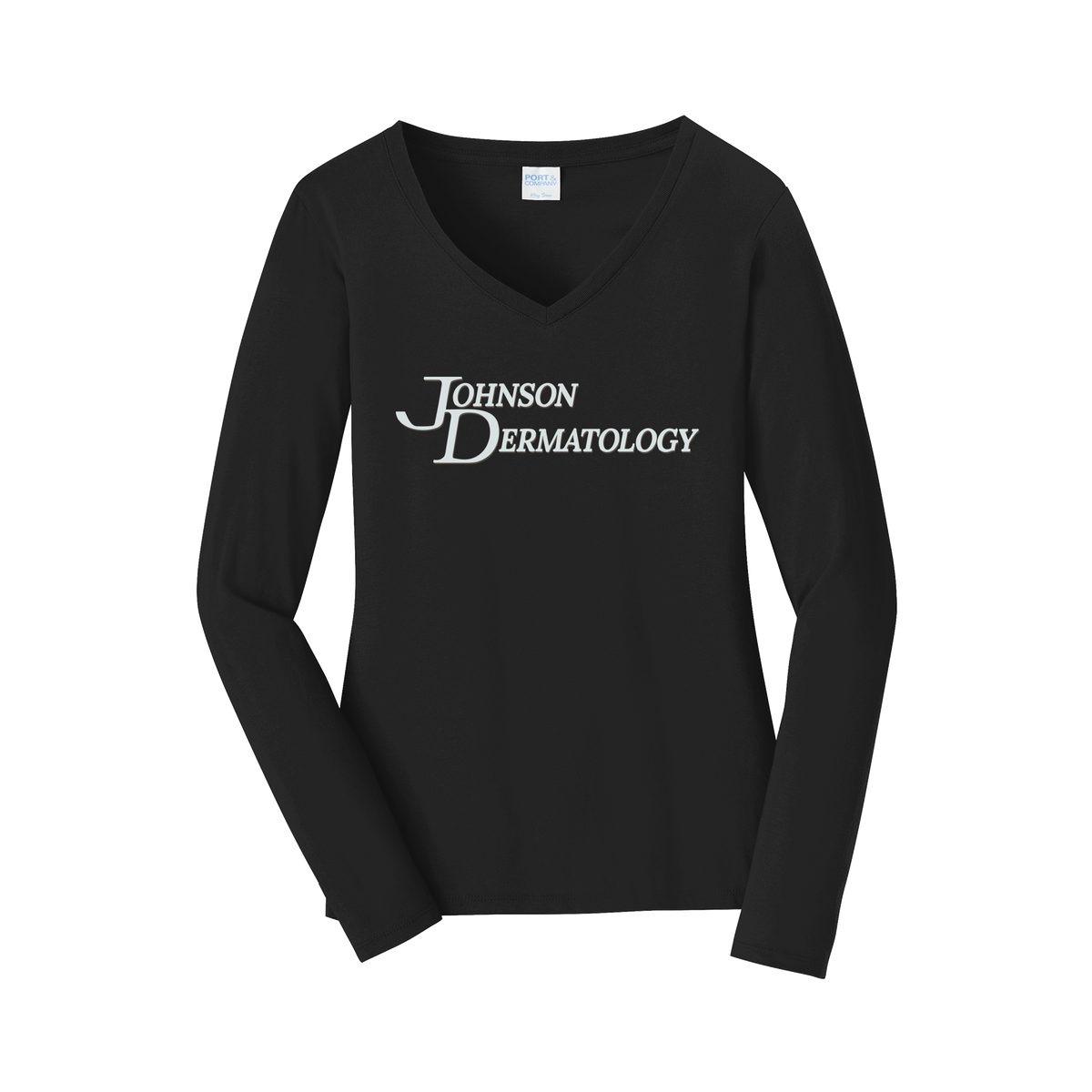 johnsondermatology-womens-long-sleeve-v-neck-dtf-front-LPC450VLS-jetblack-flat-front