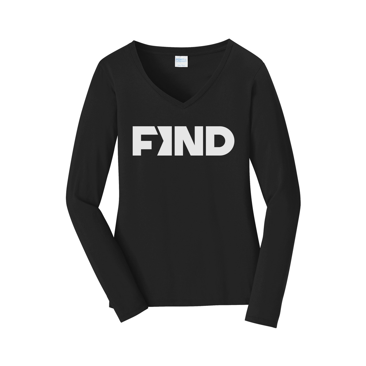 findrealestate-womens-long-sleeve-v-neck-dtf-front-LPC450VLS-jetblack-flat-front