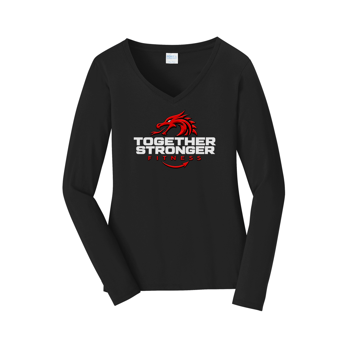 togetherstrongerfitness-womens-long-sleeve-v-neck-dtf-front-LPC450VLS-jetblack-flat-front