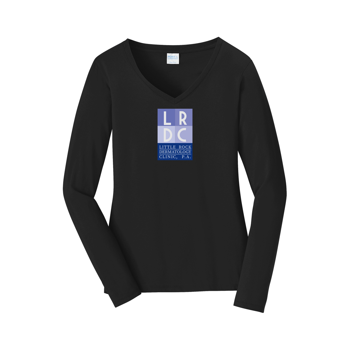 littlerockdermatology-womens-long-sleeve-v-neck-dtf-front-LPC450VLS-jetblack-flat-front