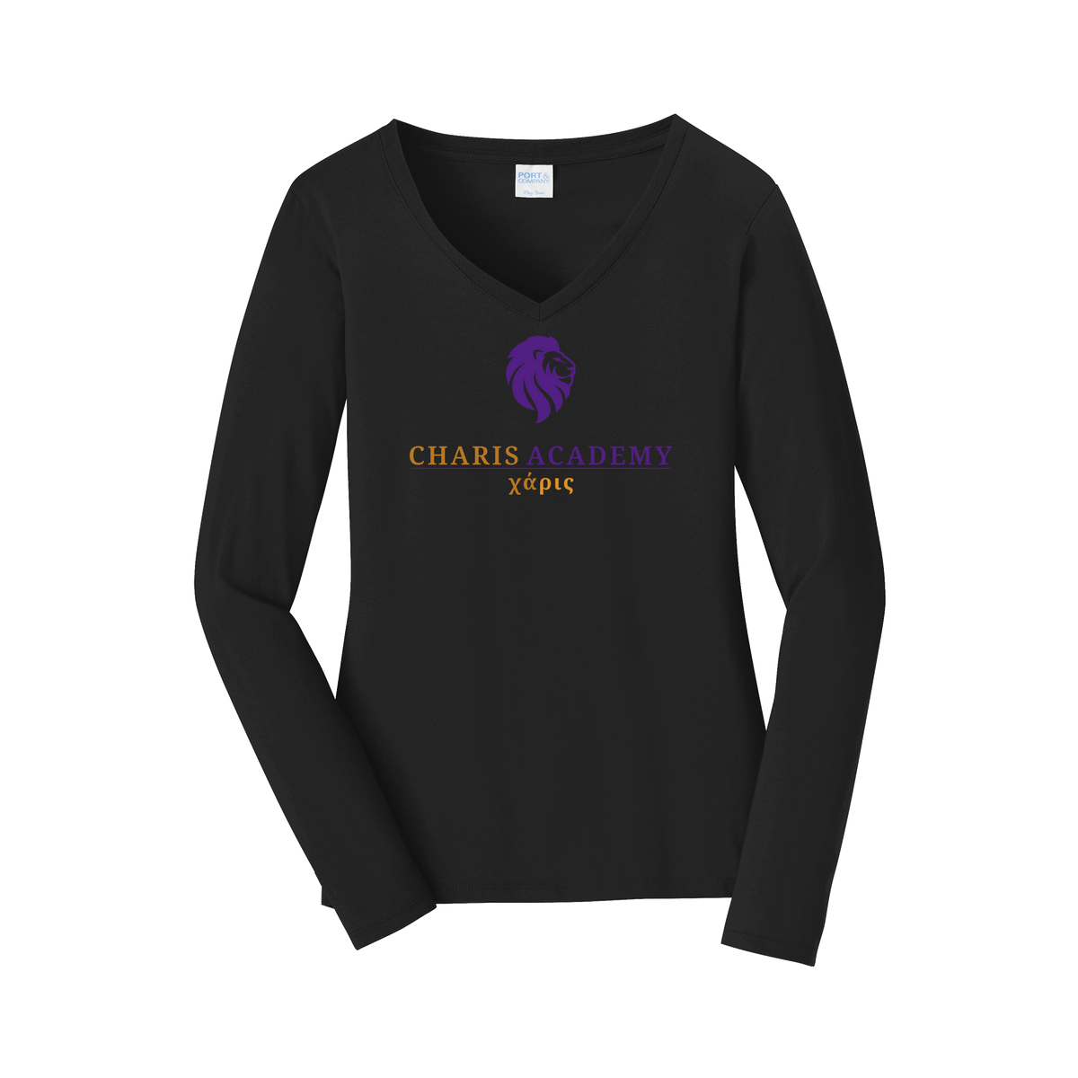 cahazleton-womens-long-sleeve-v-neck-dtf-front-LPC450VLS-jetblack-flat-front
