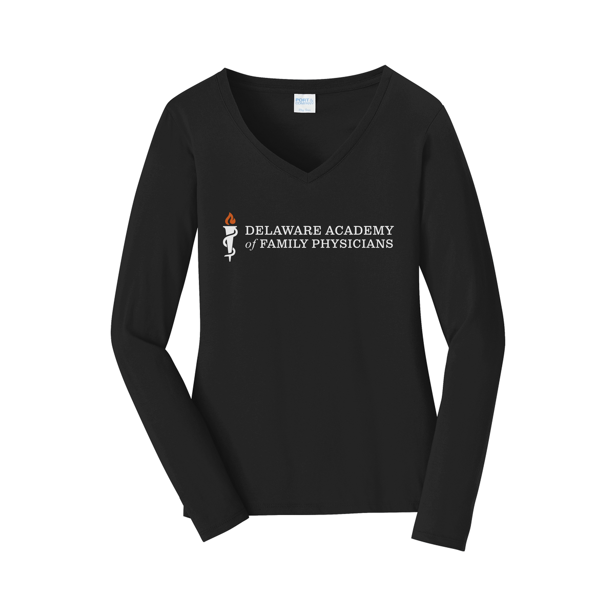 delfamdoc-womens-long-sleeve-v-neck-dtf-front-LPC450VLS-jetblack-flat-front