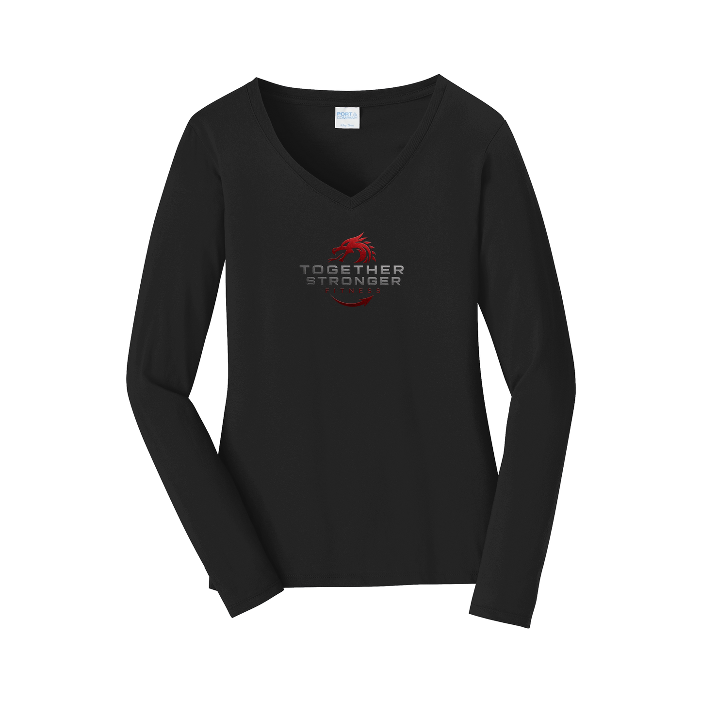 togetherstrongerfitness-womens-long-sleeve-v-neck-dtf-front-LPC450VLS-jetblack-flat-front