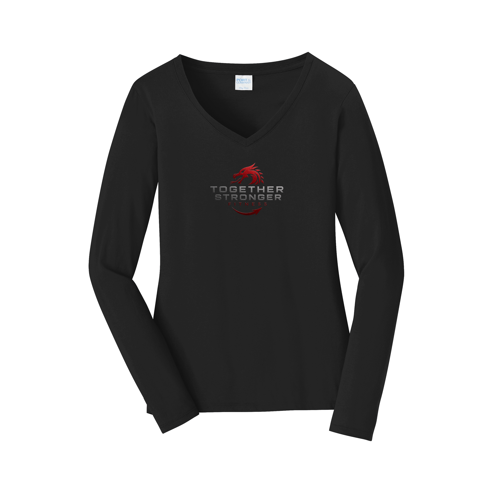 togetherstrongerfitness-womens-long-sleeve-v-neck-dtf-front-LPC450VLS-jetblack-flat-front