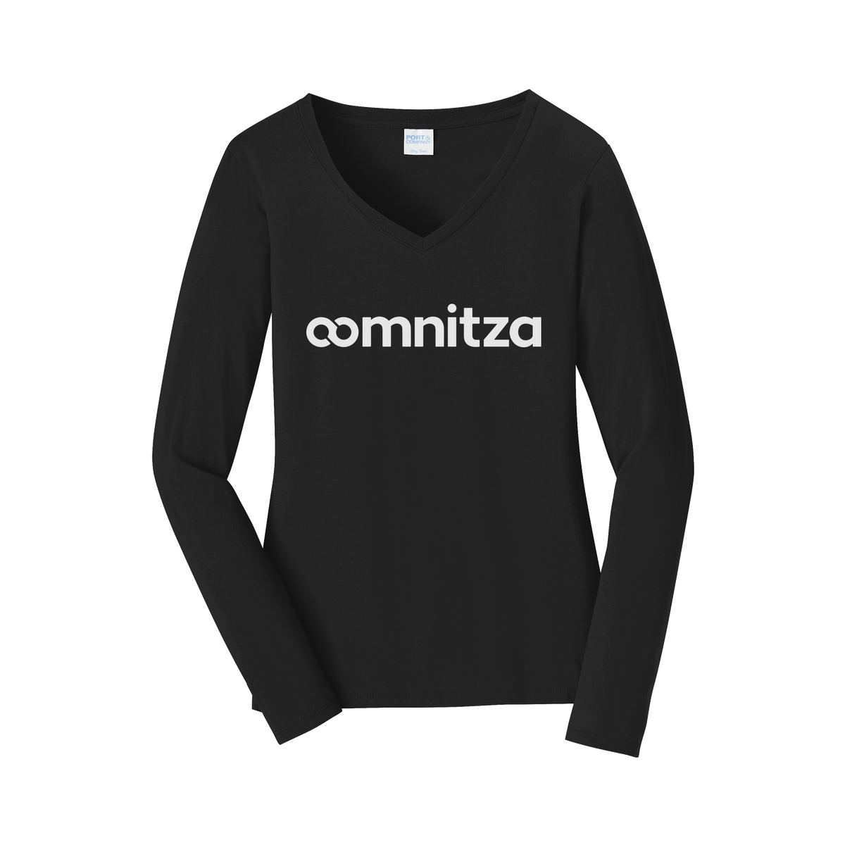 oomnitza-womens-long-sleeve-v-neck-dtf-front-LPC450VLS-jetblack-flat-front