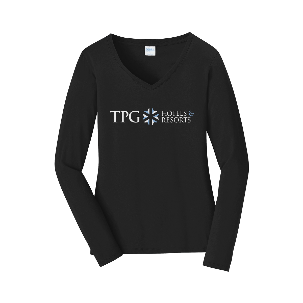 tpghotelsandresorts-womens-long-sleeve-v-neck-dtf-front-LPC450VLS-jetblack-flat-front
