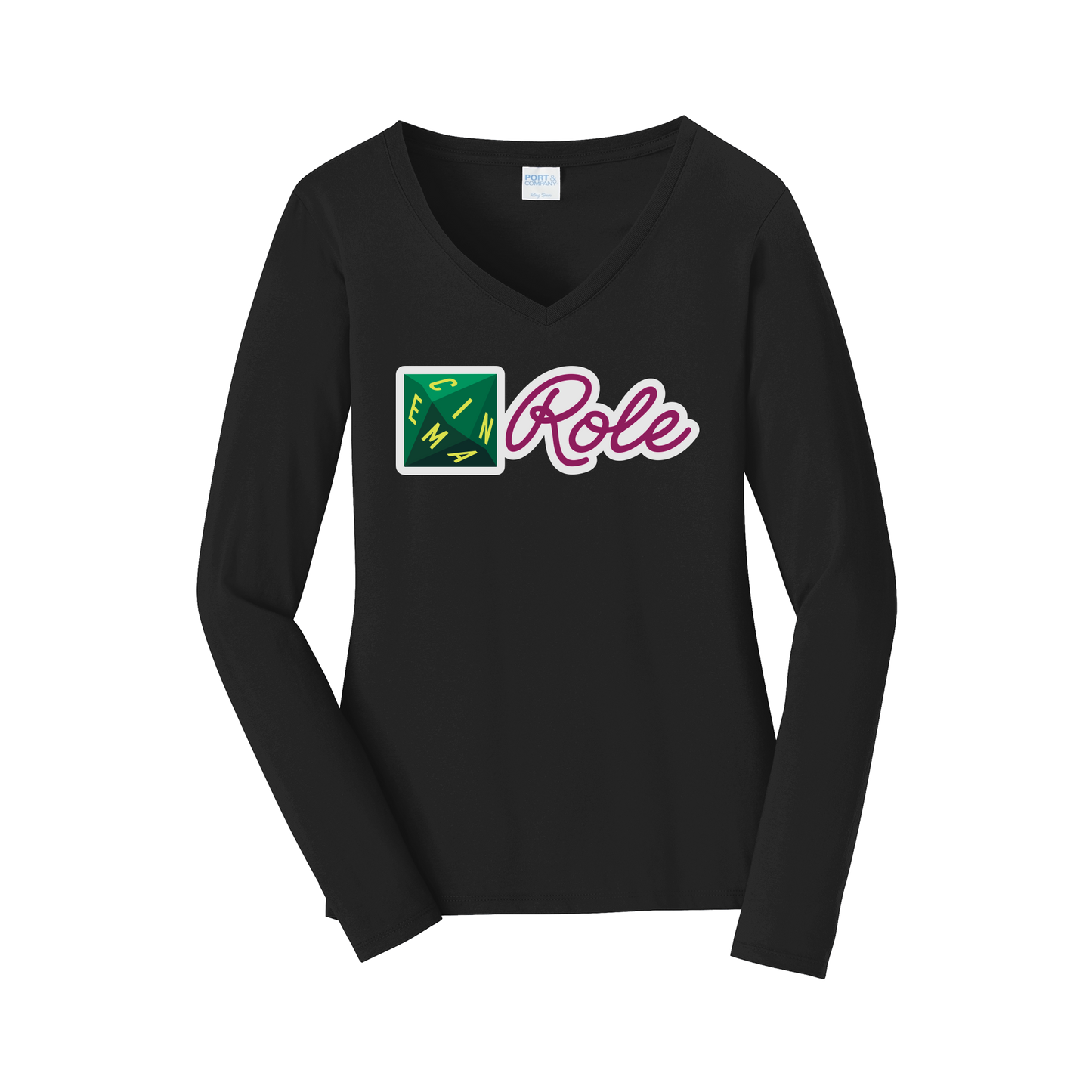 cinemarole-womens-long-sleeve-v-neck-dtf-front-LPC450VLS-jetblack-flat-front
