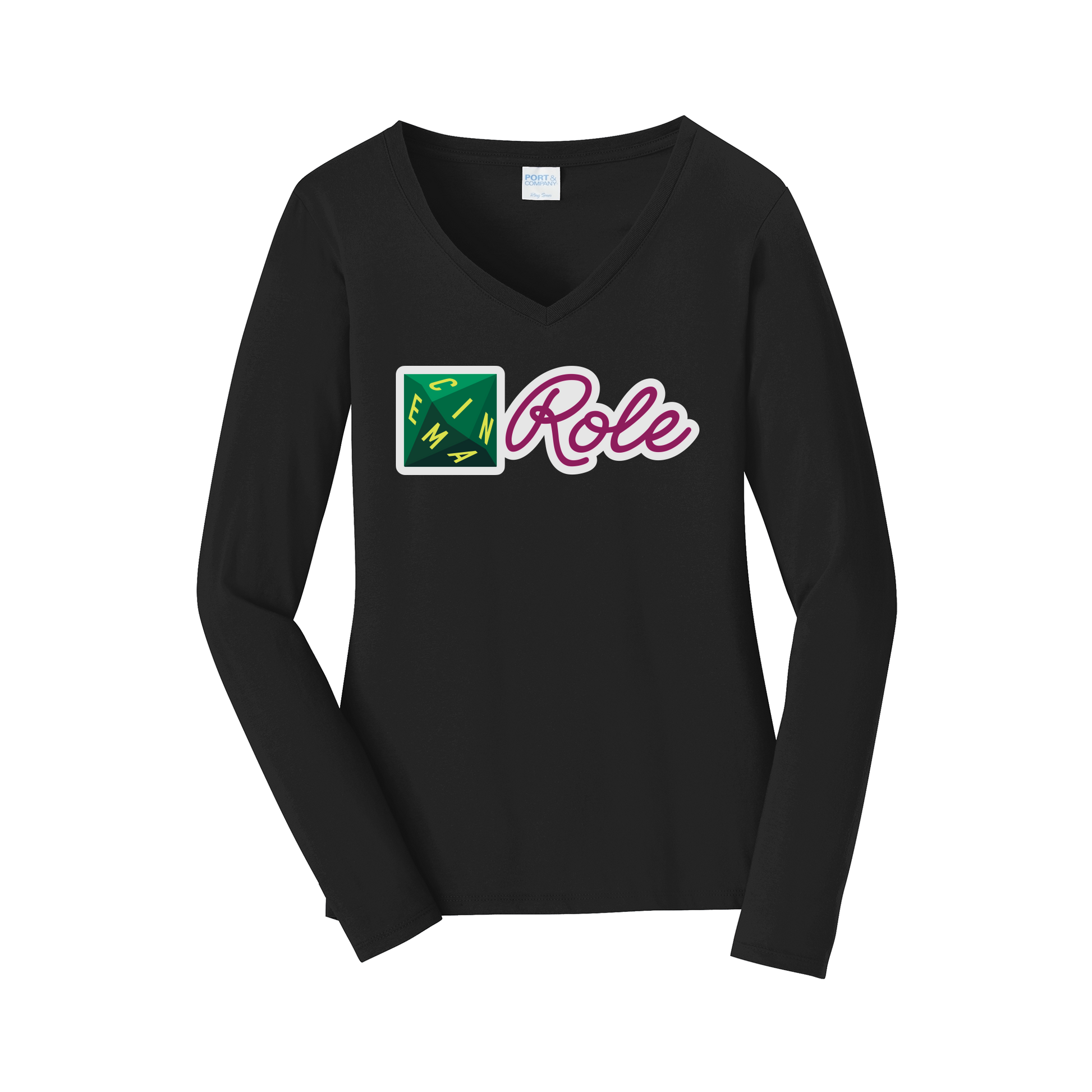 cinemarole-womens-long-sleeve-v-neck-dtf-front-LPC450VLS-jetblack-flat-front