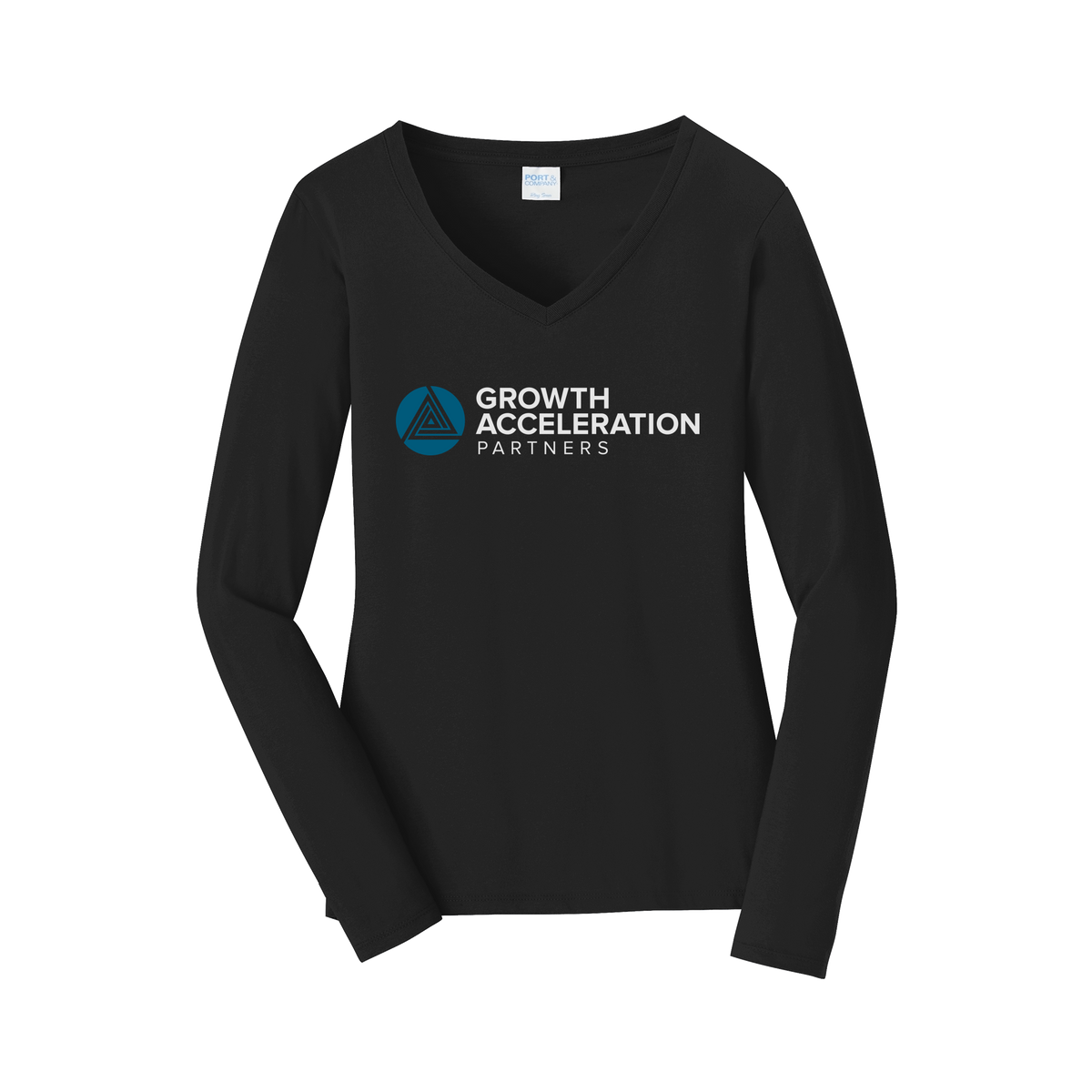 growthaccelerationpartners-womens-long-sleeve-v-neck-dtf-front-LPC450VLS-jetblack-flat-front