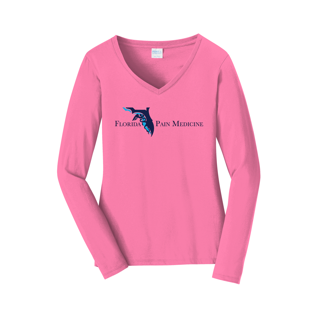 floridapainmedicine-womens-long-sleeve-v-neck-dtf-front-LPC450VLS-newpink-flat-front