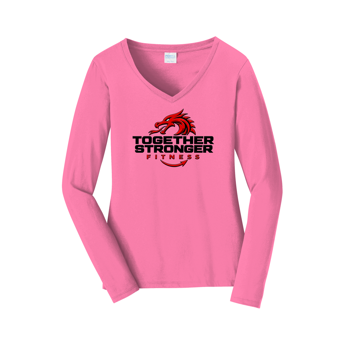 togetherstrongerfitness-womens-long-sleeve-v-neck-dtf-front-LPC450VLS-newpink-flat-front
