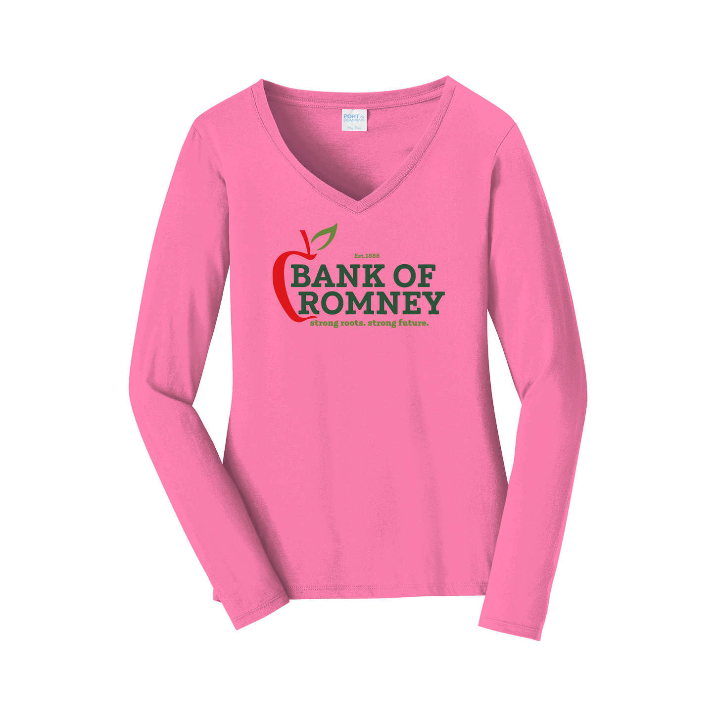 bankofromney-womens-long-sleeve-v-neck-dtf-front-LPC450VLS-newpink-flat-front