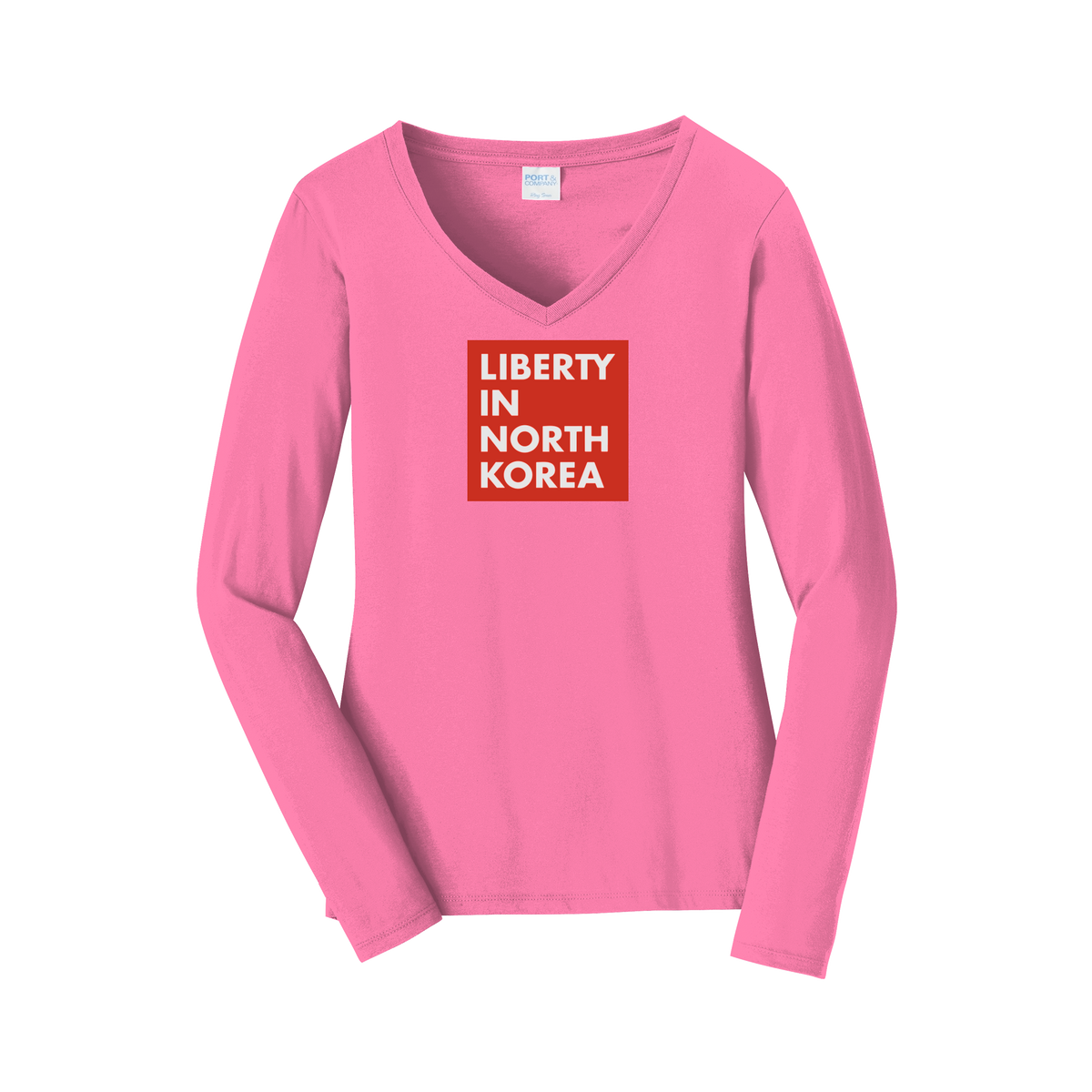 libertyinnorthkorea-womens-long-sleeve-v-neck-dtf-front-LPC450VLS-newpink-flat-front