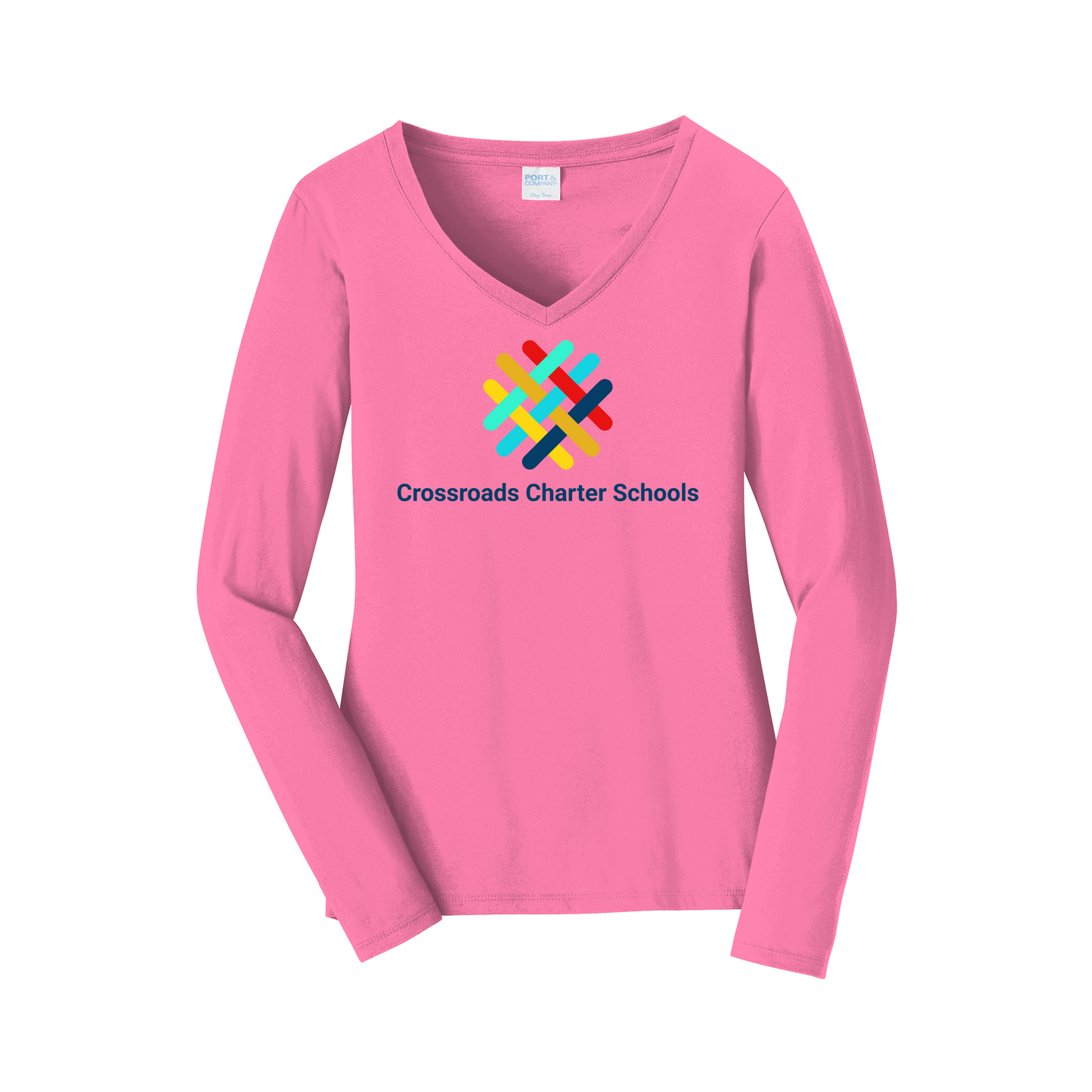 crossroadsschoolskc-womens-long-sleeve-v-neck-dtf-front-LPC450VLS-newpink-flat-front