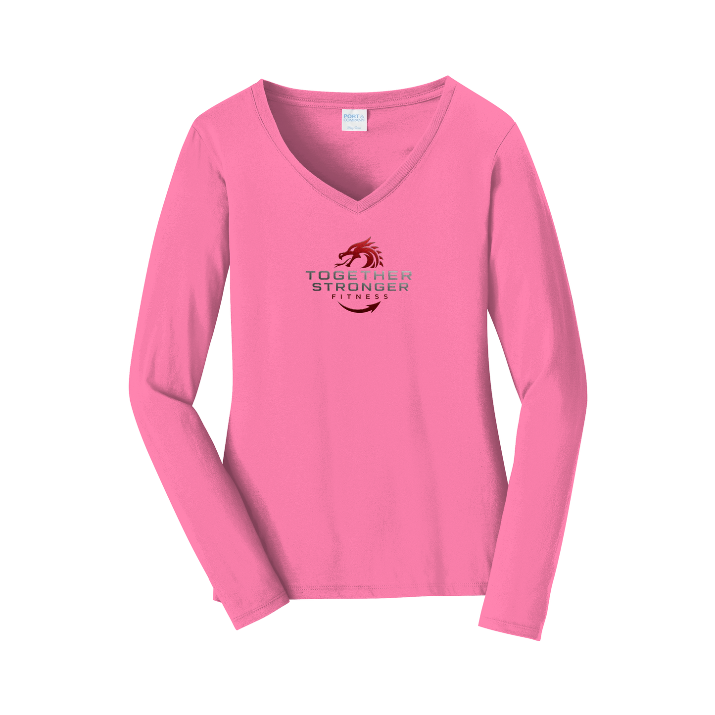 togetherstrongerfitness-womens-long-sleeve-v-neck-dtf-front-LPC450VLS-newpink-flat-front