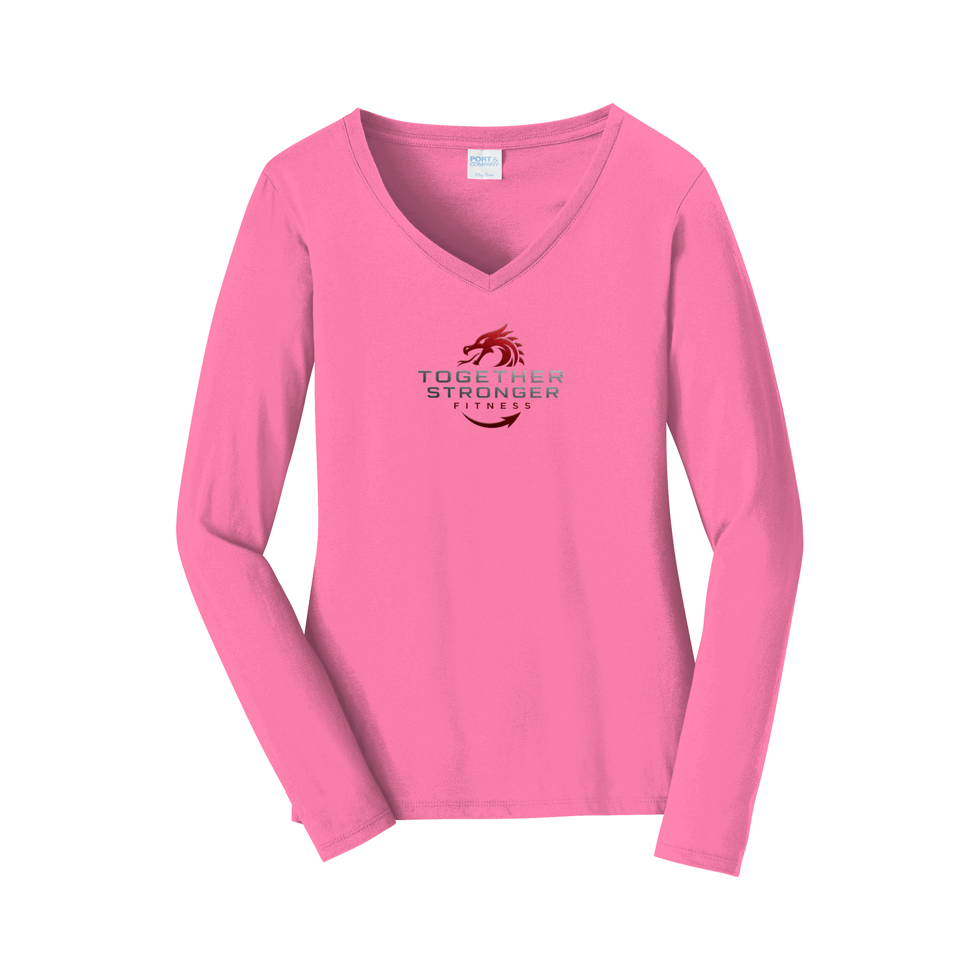 togetherstrongerfitness-womens-long-sleeve-v-neck-dtf-front-LPC450VLS-newpink-flat-front