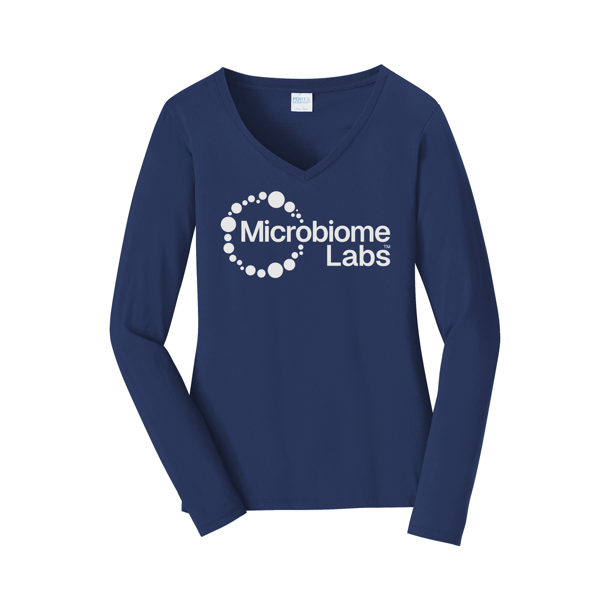 microbiomelabs-womens-long-sleeve-v-neck-dtf-front-LPC450VLS-teamnavy-flat-front