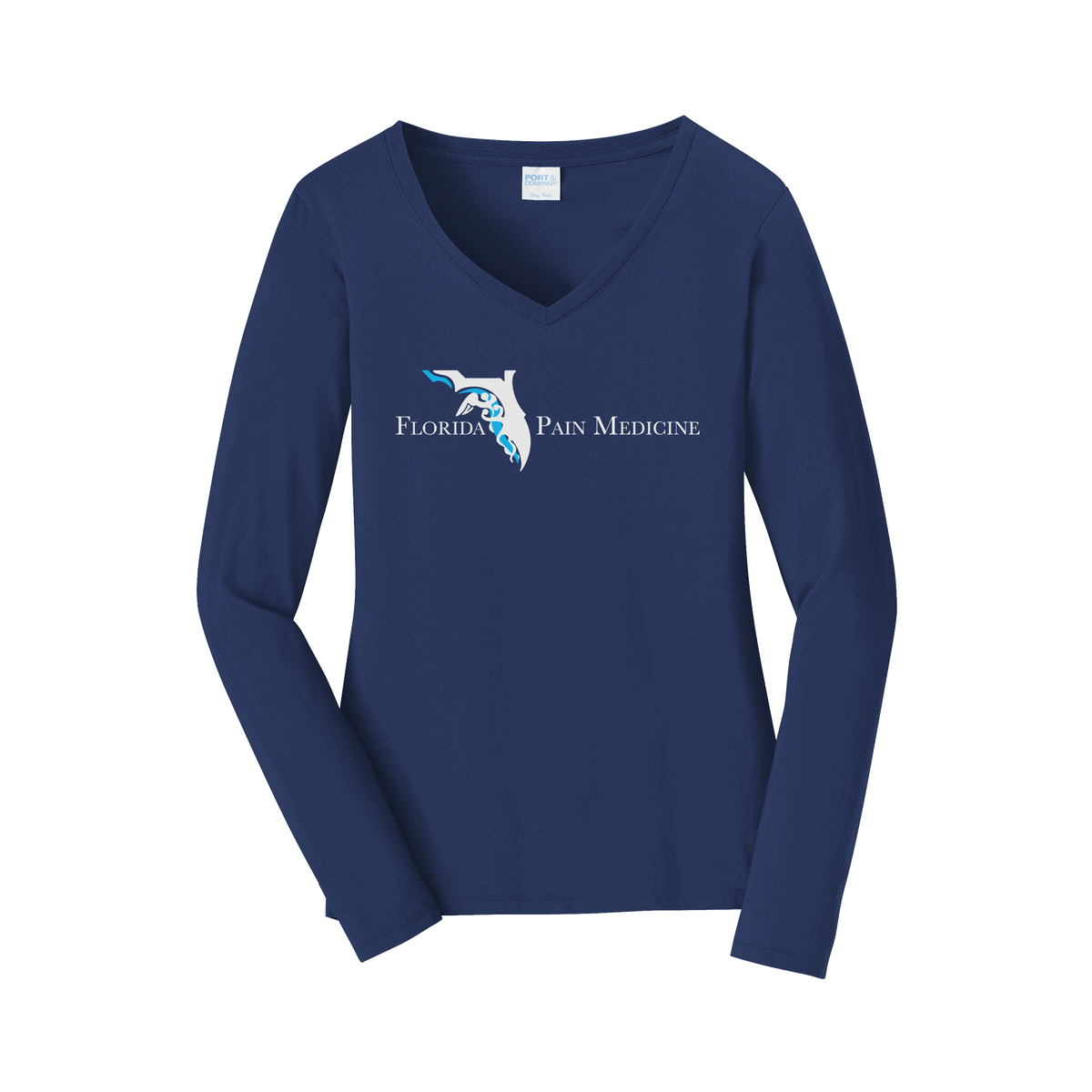 floridapainmedicine-womens-long-sleeve-v-neck-dtf-front-LPC450VLS-teamnavy-flat-front