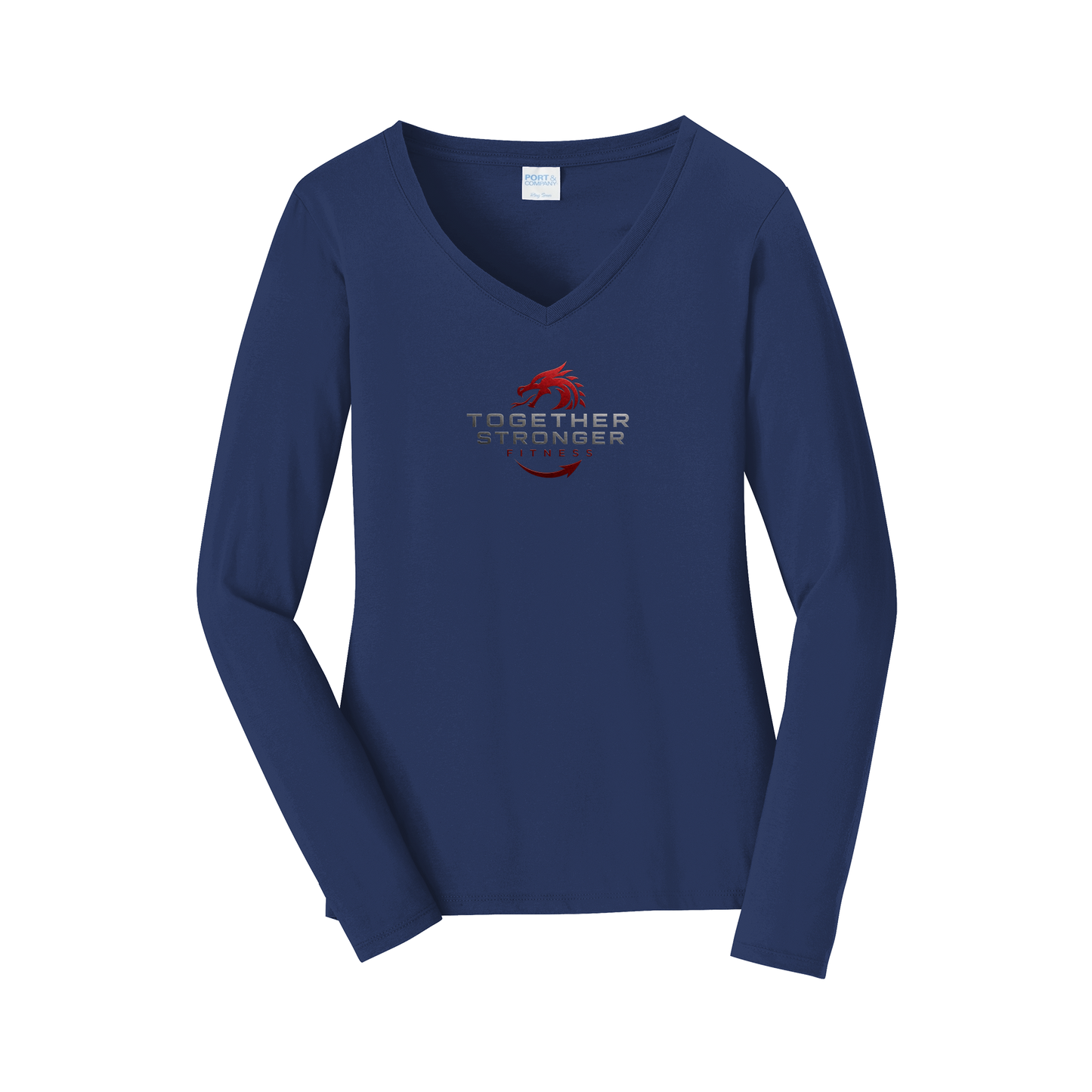 togetherstrongerfitness-womens-long-sleeve-v-neck-dtf-front-LPC450VLS-teamnavy-flat-front