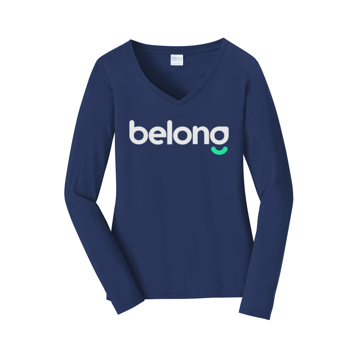 belonghome-womens-long-sleeve-v-neck-dtf-front-LPC450VLS-teamnavy-flat-front