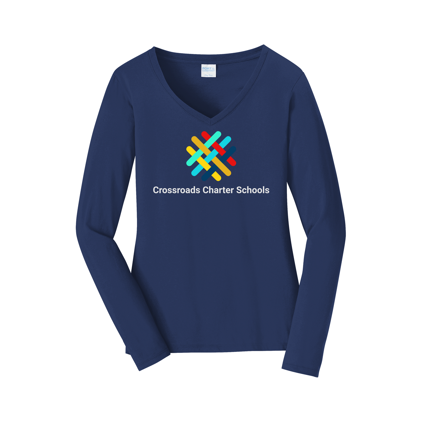 crossroadsschoolskc-womens-long-sleeve-v-neck-dtf-front-LPC450VLS-teamnavy-flat-front