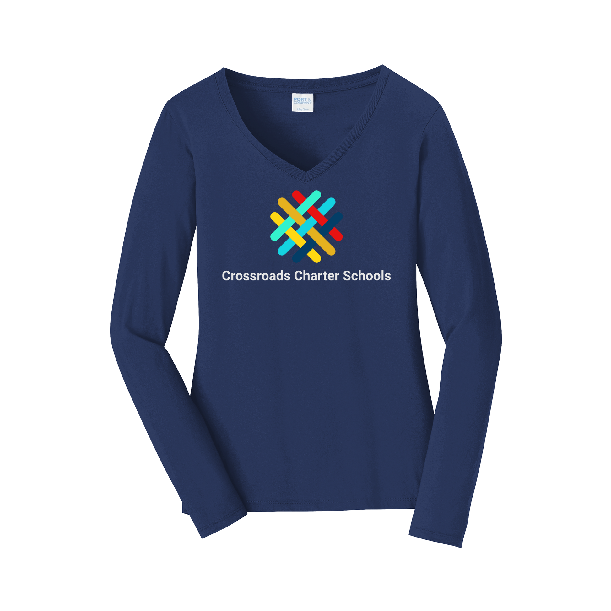 crossroadsschoolskc-womens-long-sleeve-v-neck-dtf-front-LPC450VLS-teamnavy-flat-front