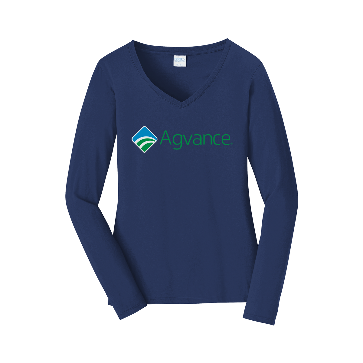 agvance-womens-long-sleeve-v-neck-dtf-front-LPC450VLS-teamnavy-flat-front