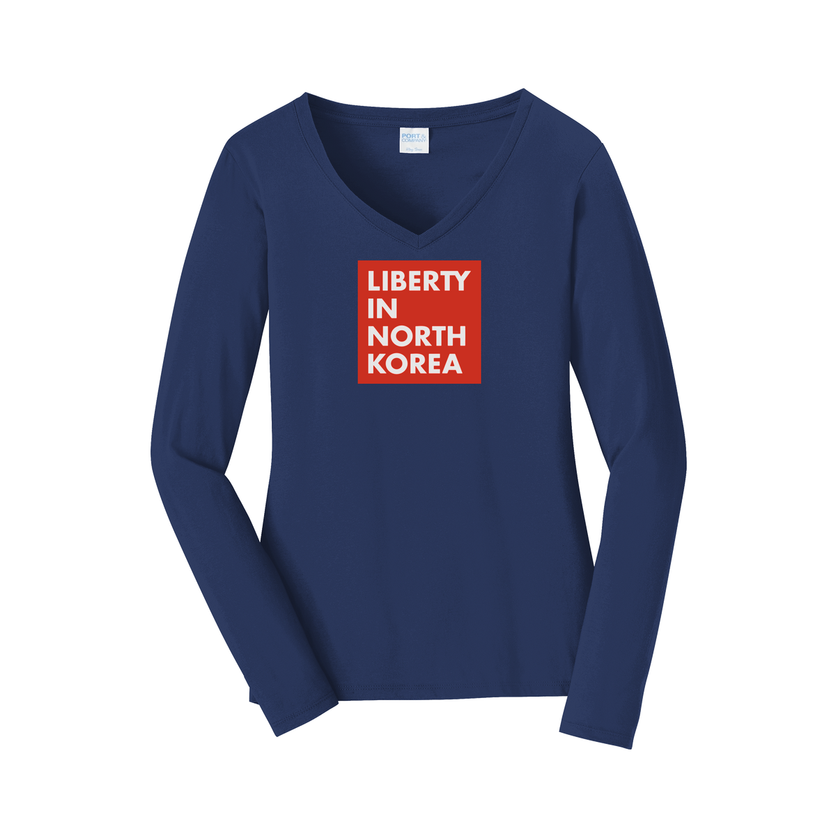 libertyinnorthkorea-womens-long-sleeve-v-neck-dtf-front-LPC450VLS-teamnavy-flat-front
