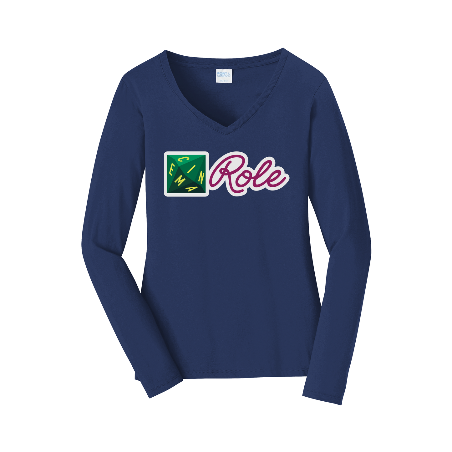 cinemarole-womens-long-sleeve-v-neck-dtf-front-LPC450VLS-teamnavy-flat-front