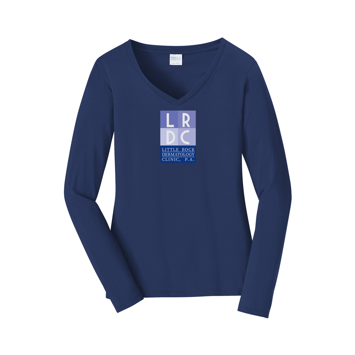 littlerockdermatology-womens-long-sleeve-v-neck-dtf-front-LPC450VLS-teamnavy-flat-front