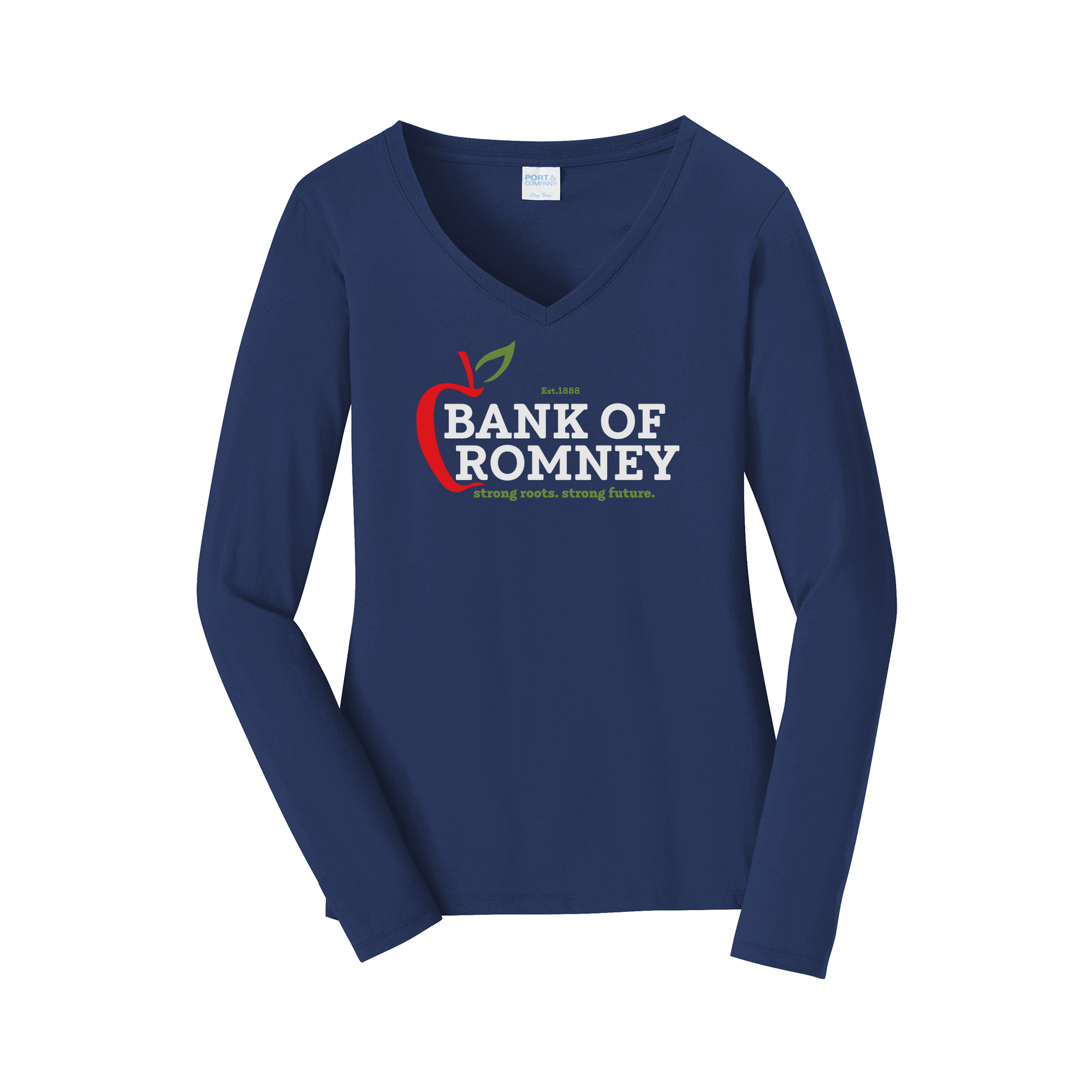 bankofromney-womens-long-sleeve-v-neck-dtf-front-LPC450VLS-teamnavy-flat-front