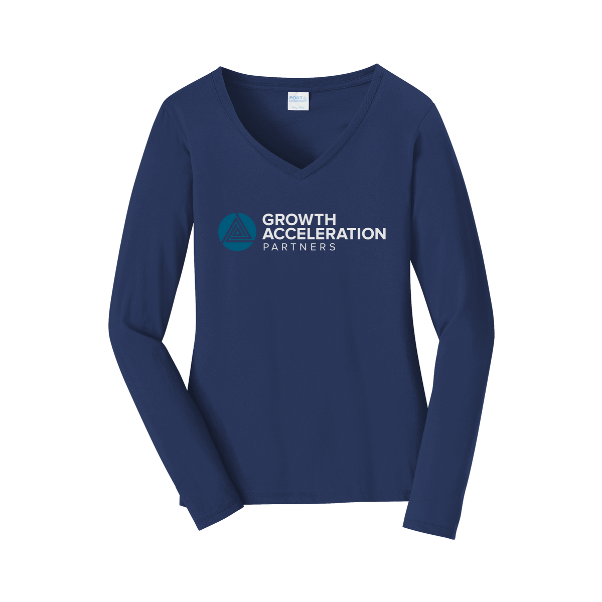 growthaccelerationpartners-womens-long-sleeve-v-neck-dtf-front-LPC450VLS-teamnavy-flat-front