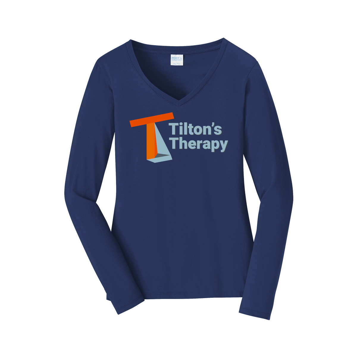 tiltonstherapy-womens-long-sleeve-v-neck-dtf-front-LPC450VLS-teamnavy-flat-front