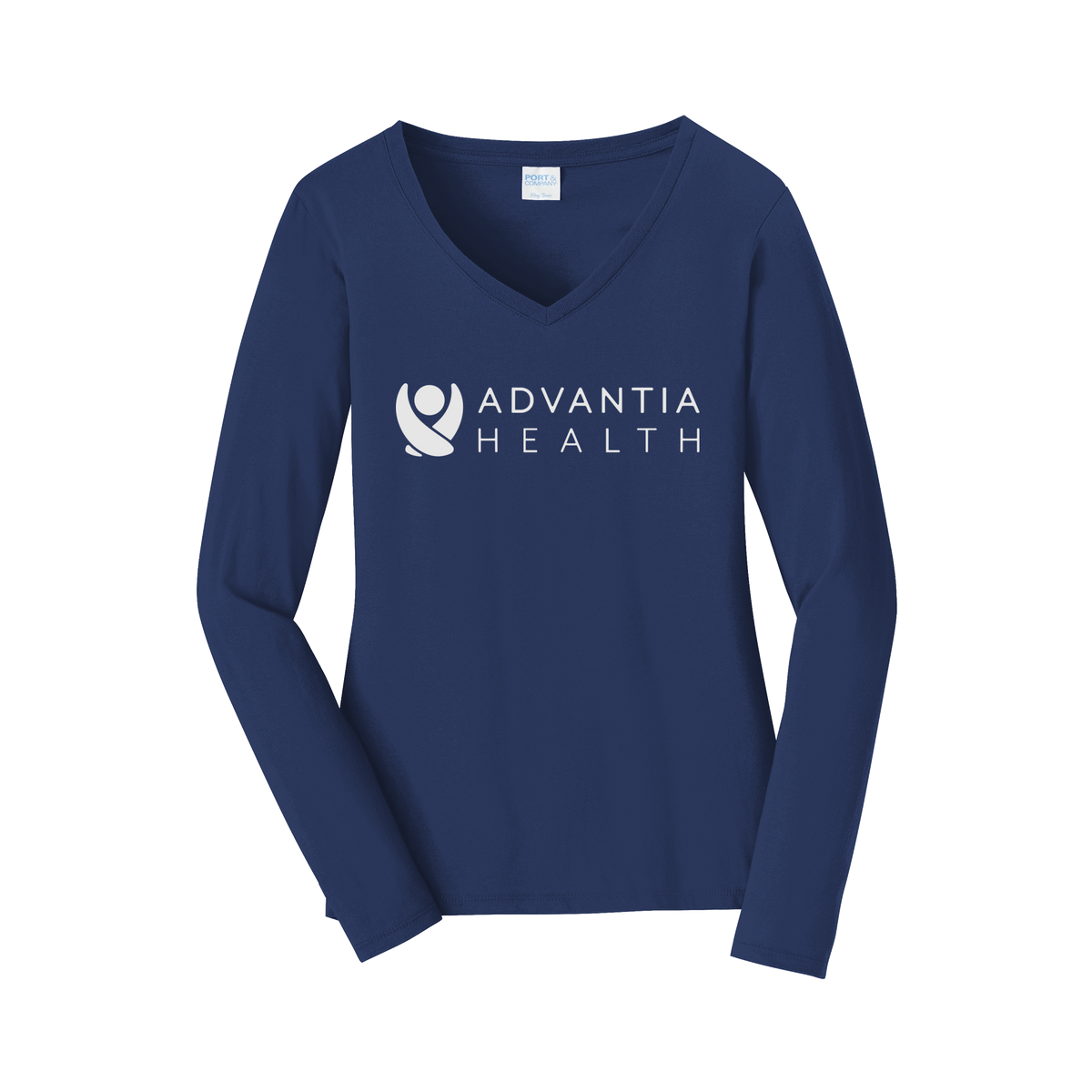 advantiahealth-womens-long-sleeve-v-neck-dtf-front-LPC450VLS-teamnavy-flat-front