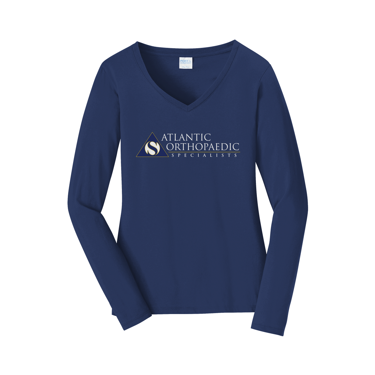 atlanticortho-womens-long-sleeve-v-neck-dtf-front-LPC450VLS-teamnavy-flat-front