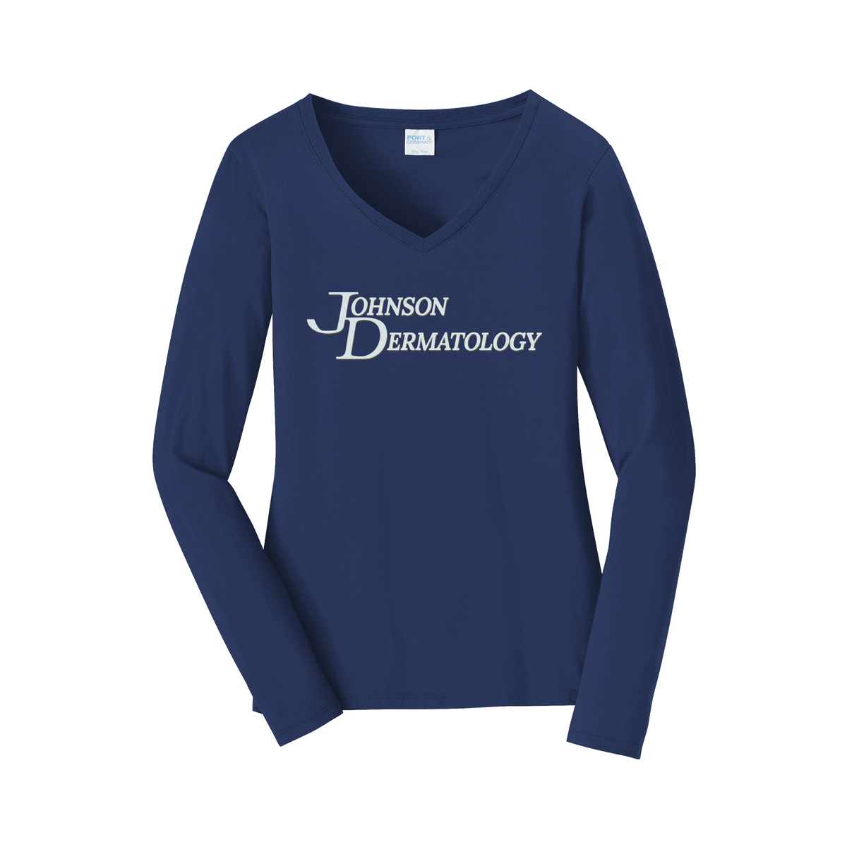 johnsondermatology-womens-long-sleeve-v-neck-dtf-front-LPC450VLS-teamnavy-flat-front