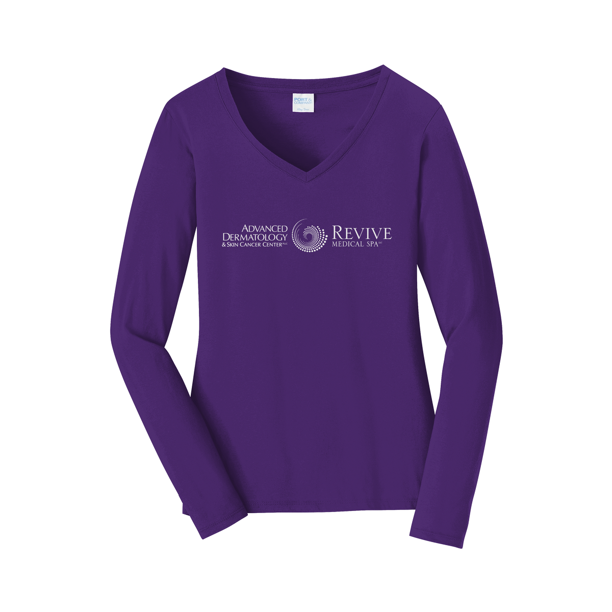 advancedskinmd-womens-long-sleeve-v-neck-dtf-front-LPC450VLS-teampurple-flat-front