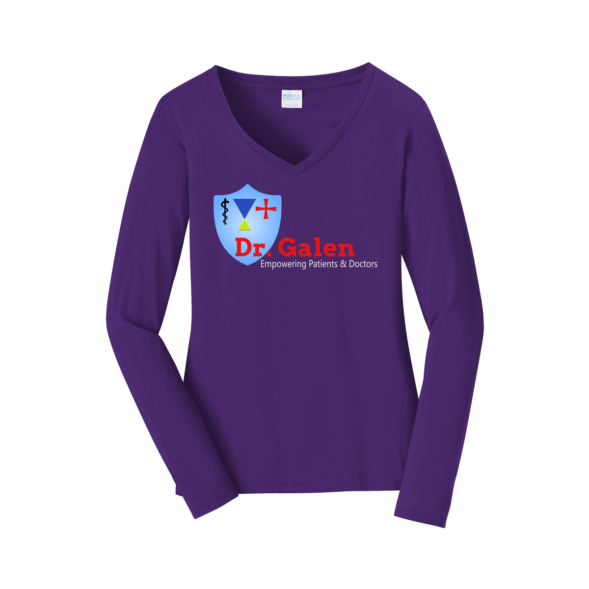 drgalen-womens-long-sleeve-v-neck-dtf-front-LPC450VLS-teampurple-flat-front