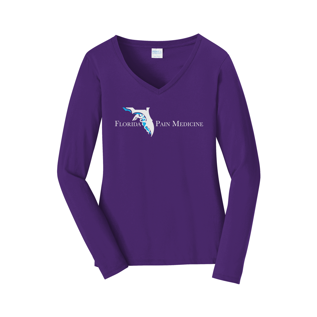 floridapainmedicine-womens-long-sleeve-v-neck-dtf-front-LPC450VLS-teampurple-flat-front