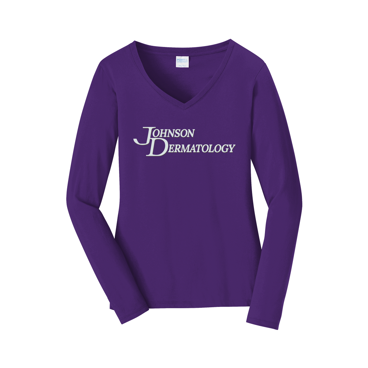 johnsondermatology-womens-long-sleeve-v-neck-dtf-front-LPC450VLS-teampurple-flat-front
