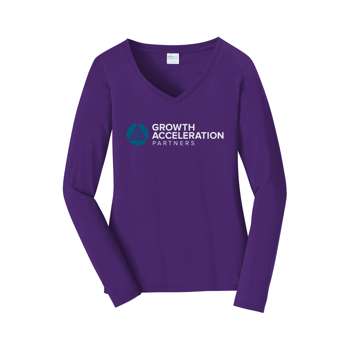 growthaccelerationpartners-womens-long-sleeve-v-neck-dtf-front-LPC450VLS-teampurple-flat-front
