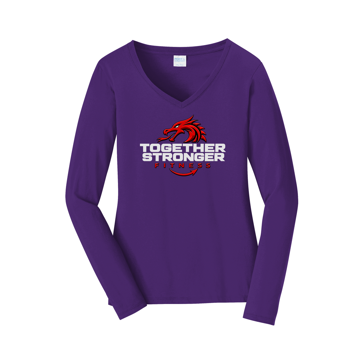 togetherstrongerfitness-womens-long-sleeve-v-neck-dtf-front-LPC450VLS-teampurple-flat-front